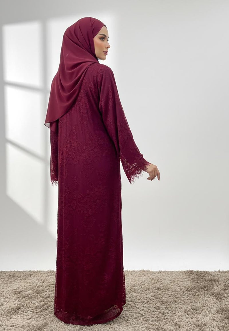 NUKHBAA Dantil Burgundy Abaya with Nida inner lining-846 - Image 4