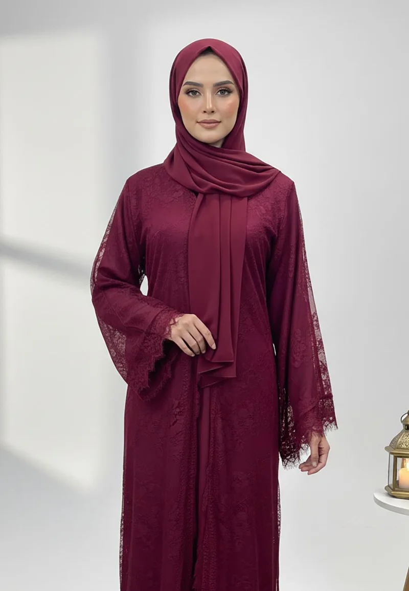 النخبة Dantil Burgundy Abaya with Nida inner lining-846