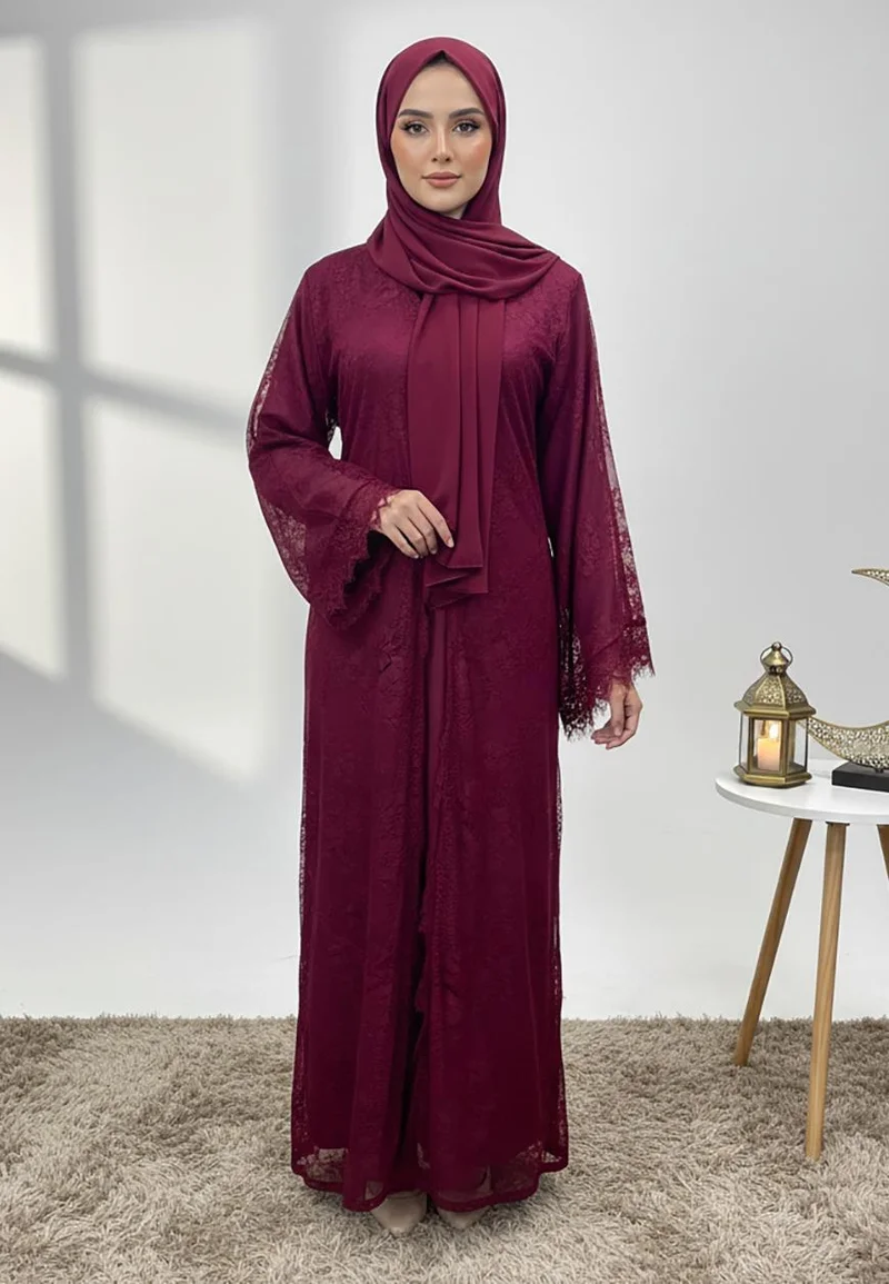 Dantil Burgundy Abaya with Nida inner lining-846