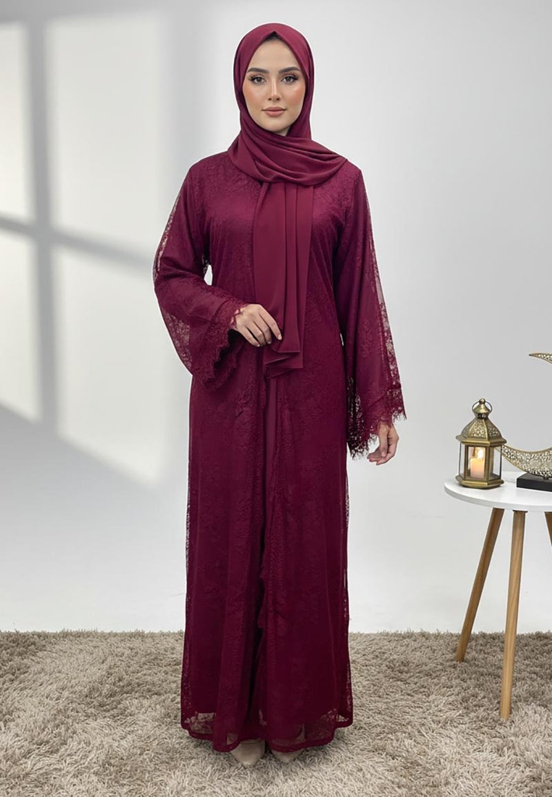 NUKHBAA Dantil Burgundy Abaya with Nida inner lining-846 - Image 1