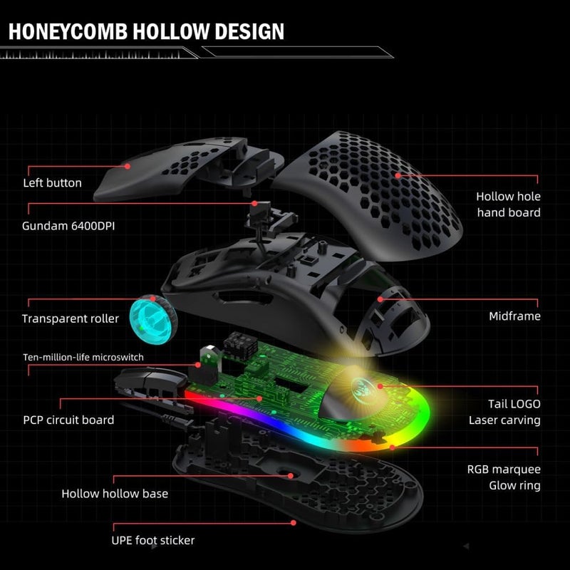 Aerbee USB Gaming Mouse, Honeycomb Hollow Design Ergonomic Wired Mouse with Backlight, up to 6400 DPI, RGB Gaming Mouse for Mac, Laptop, Computer, PC - Image 3