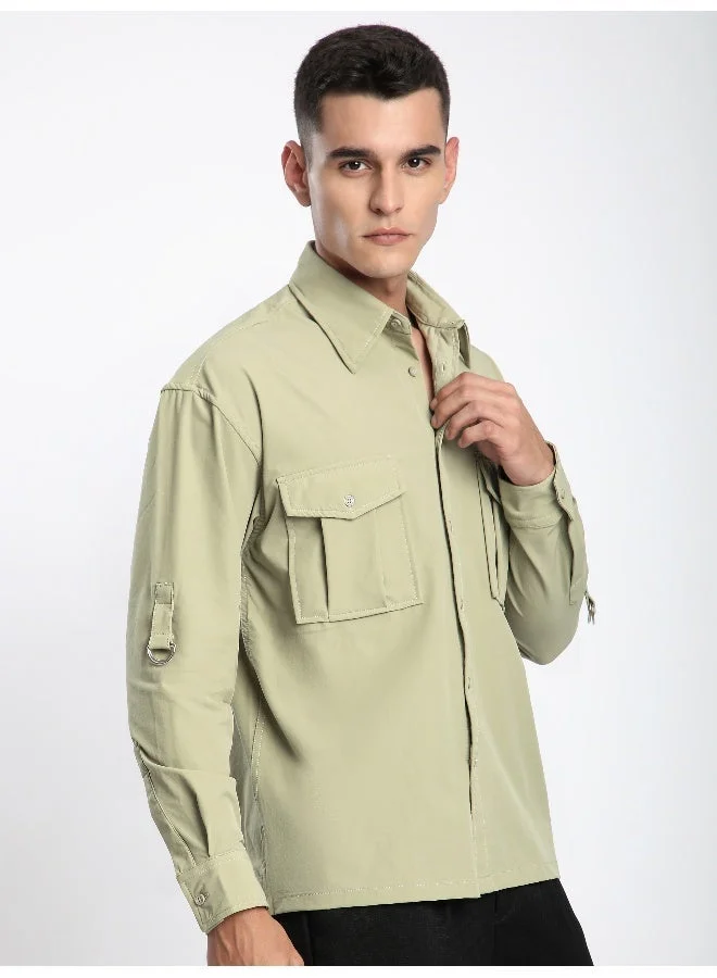 Beyoung Beige Roll Up Sleeve Shirt