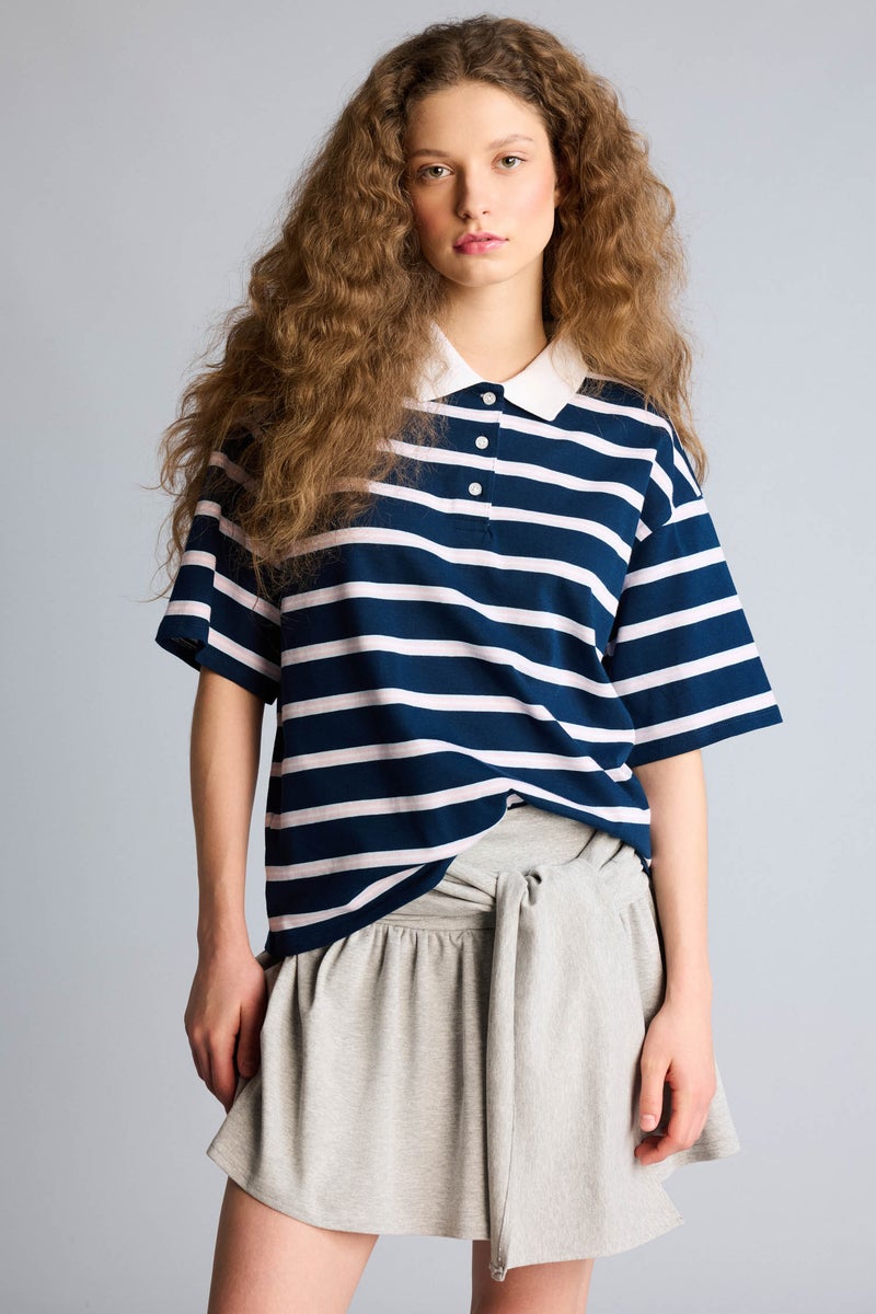 DeFacto Blue Woman Boxy Fit Polo Neck Short Sleeve T-Shirt Casual - Image 4
