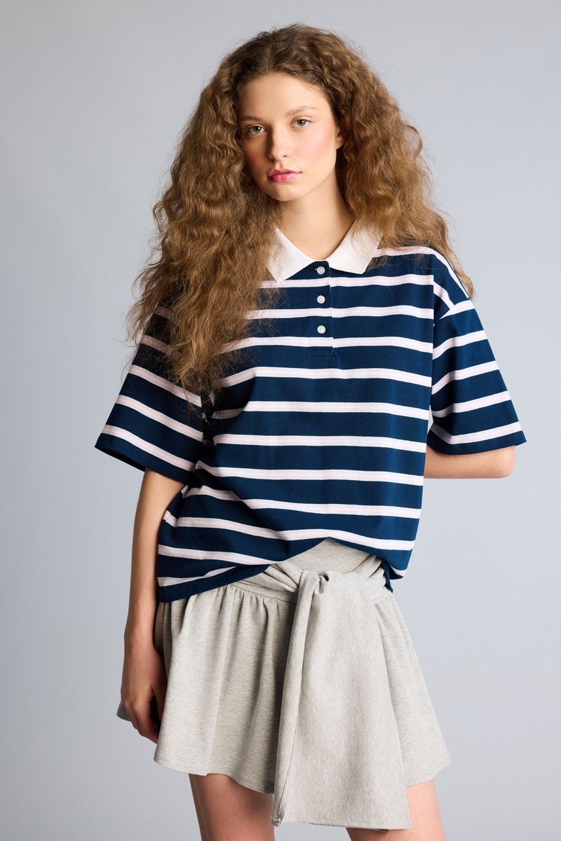 DeFacto Blue Woman Boxy Fit Polo Neck Short Sleeve T-Shirt Casual - Image 3