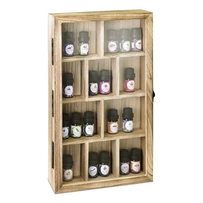 WOODEN COLLECTION DISPLAY CASE WITH HINGED AND CLEAR TEMPERED GLASS TOP WALL MOUNTED 10 SLOTS WOOD DISPLAY STORAGE BOX FOR MINI FIGURES COLLECTIONS ESSENTIAL OILS OAK COLOR