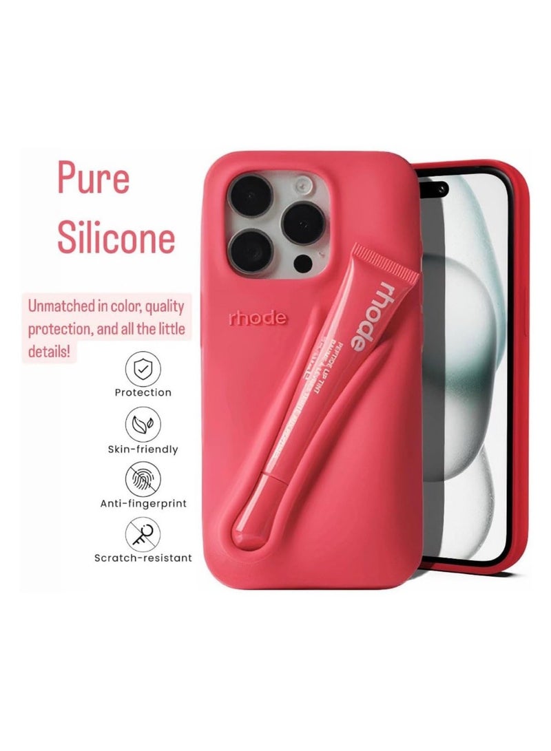 rhode Lip Gloss Phone Case with Lip Tint, For iPhone Case Liquid Silicone Camera Protection Lipstick Lip Glaze Phone Case for iPhone 16 Pro Max (Lmage) - Image 4