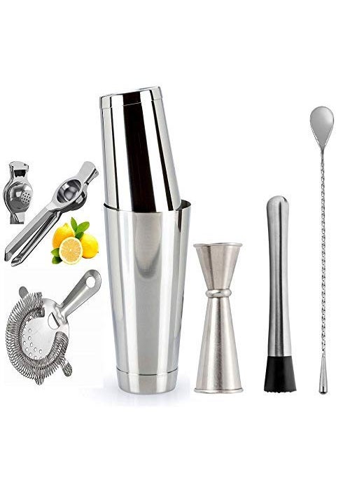 NJ NJ Professional Bartender Tool Set,Boston Shakers,Hawthorne Strainer,Japanese Jigger, Muddler,Teardrop Spoon,Lemon Squeezer with Opener, Bartender Home Bar Cocktail Maker Set : 07 Pcs Set  - Image 1