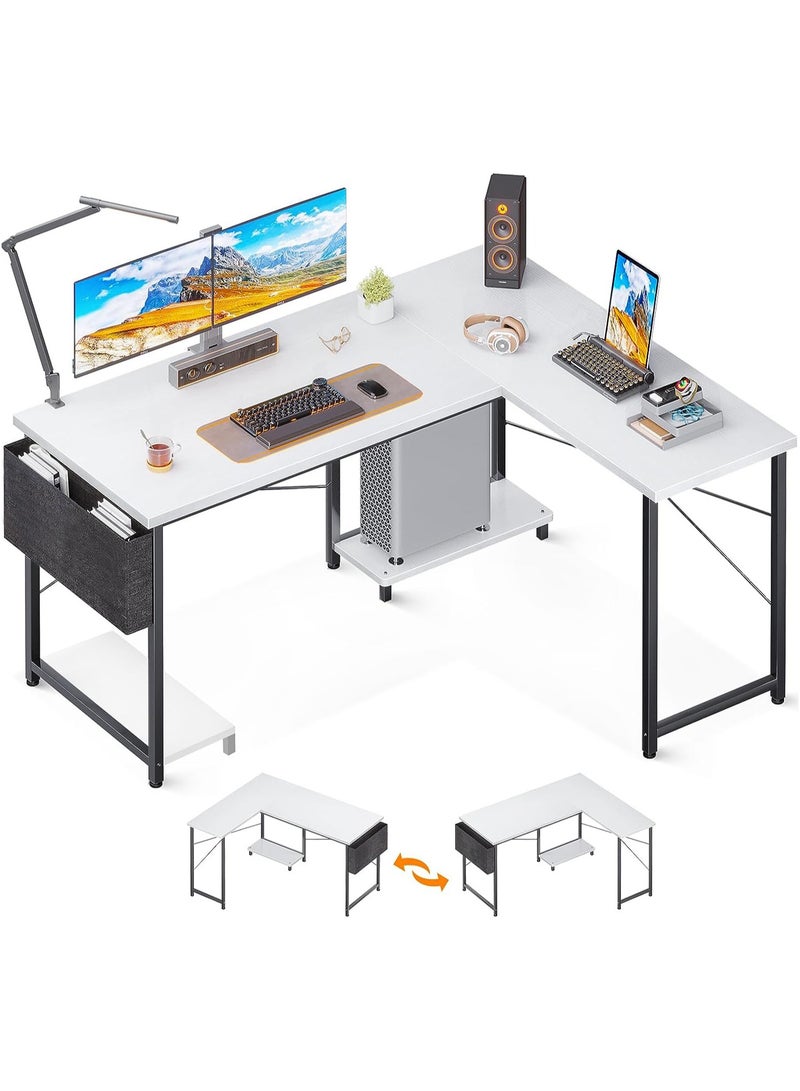 Chulovs L Shaped Desk with Storage Bag, Home Office Desk with Host Stand, Reversible Computer Corner Desk for Bedroom, PC Gaming Desk for Study Writing (White) - Image 1