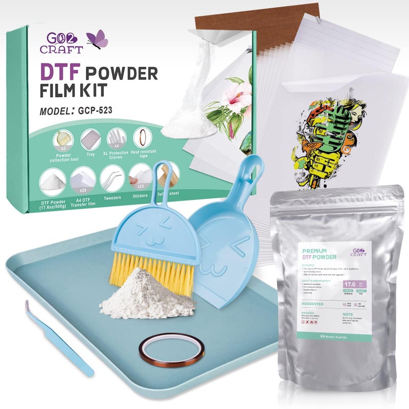 GO2CRAFT Hot Melt Powder and DTF Transfer Flim Kit 20Pcs DTF Film for DTF Sublimation Printer 176oz500g White Digital Hot Melt Powder Washable Durable DTF Transfer Starter Kit for TShirtGifts