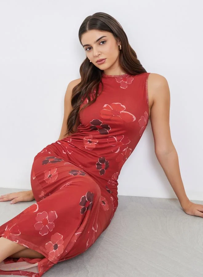 Styli Styli Floral Print Mesh Sleeveless Bodycon Maxi Dress