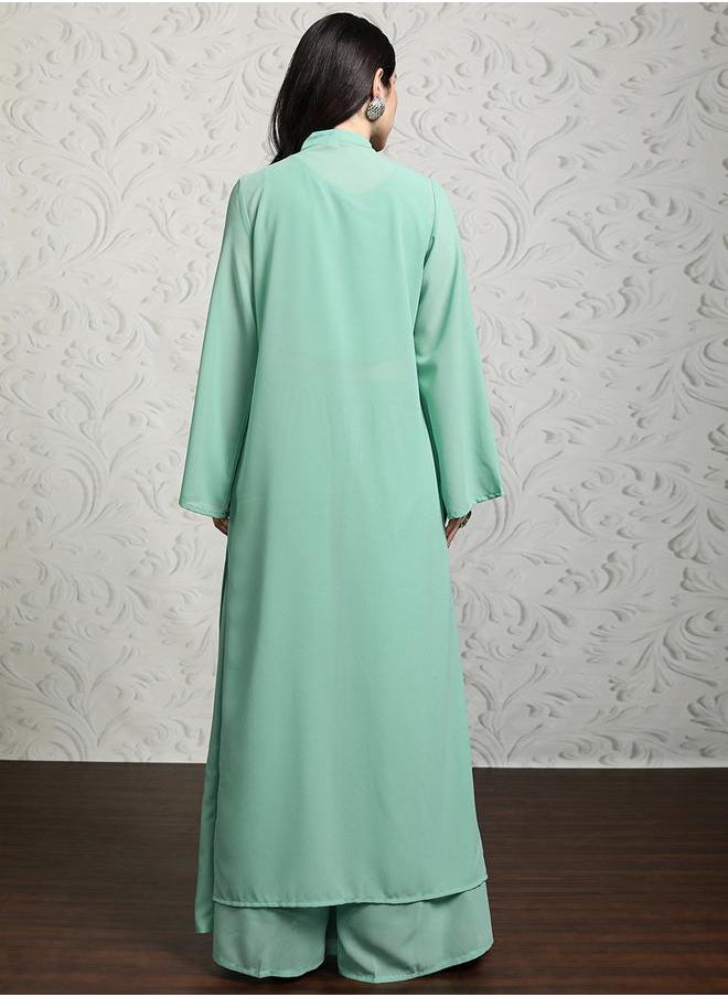Vishudh - Women Solid Crop Top and Palazzo Pants with Embroidered Shrug by Styli - Image 1