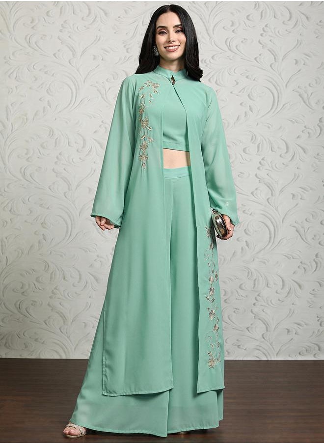 Vishudh - Women Solid Crop Top and Palazzo Pants with Embroidered Shrug by Styli - Image 1