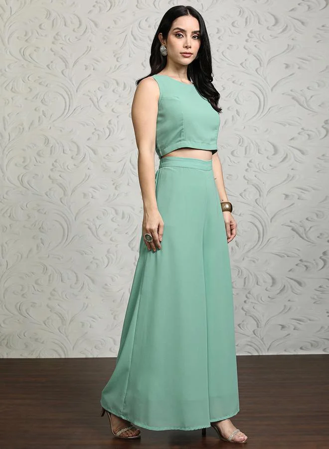 Vishudh Women Solid Crop Top and Palazzo Pants with Embroidered Shrug by Styli