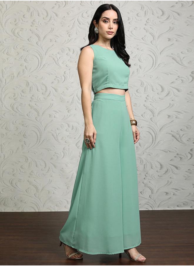 Vishudh - Women Solid Crop Top and Palazzo Pants with Embroidered Shrug by Styli - Image 1