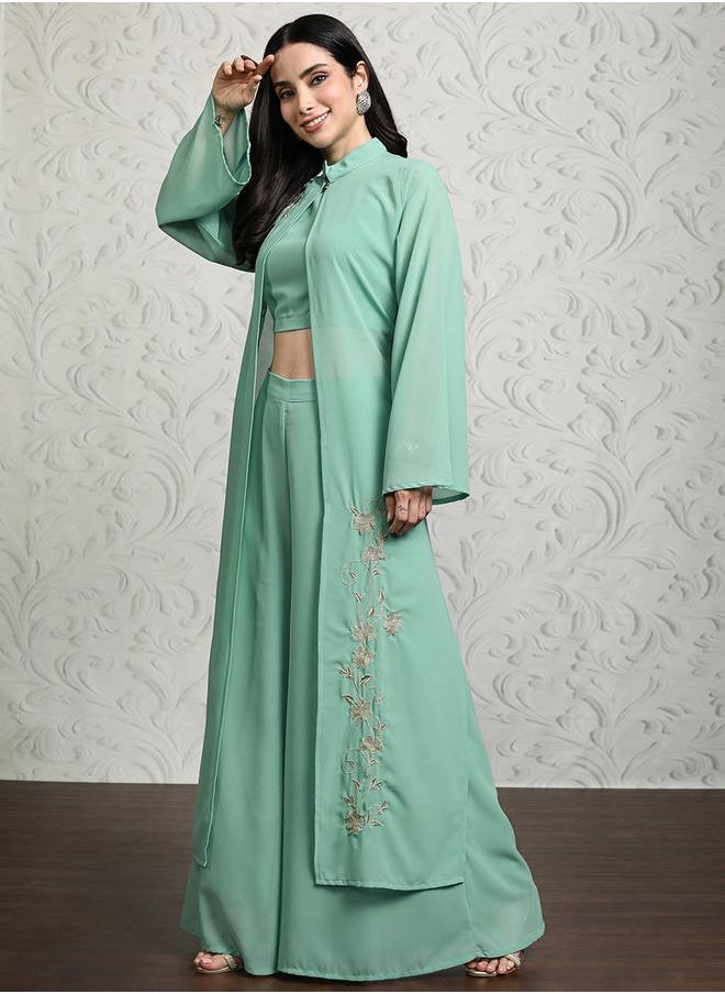 Vishudh - Women Solid Crop Top and Palazzo Pants with Embroidered Shrug by Styli - Image 1