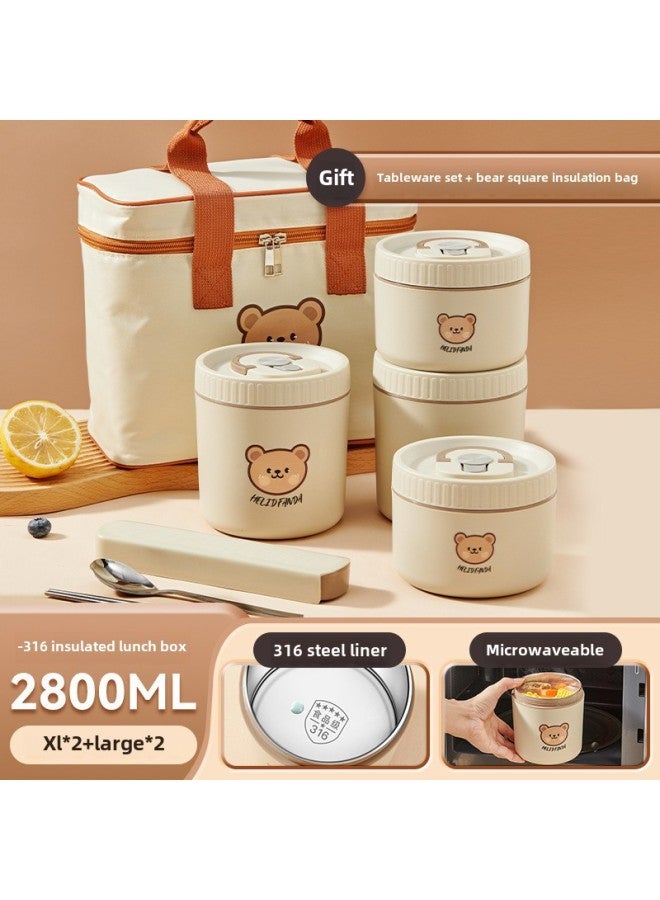 316 Food Grade Stainless Steel Insulated Lunch Box Microwave Oven Heating Soup Bowl Children Bento Box Portable Lunch Box Gift-Specifications:316: Beige-2 Plus Size 2 Large + Soup Bowl Bag + Portable Tableware (bear)  - Image 1