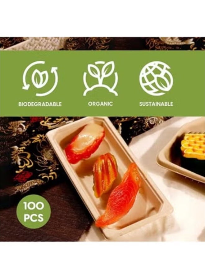 ecoway Heavy Duty Rectangular Disposable Serving Plates 100% Natural Sugarcane Bagasse Fiber Platter Biodegradable & Compostable Party Plate [Pack of 100] - Image 2