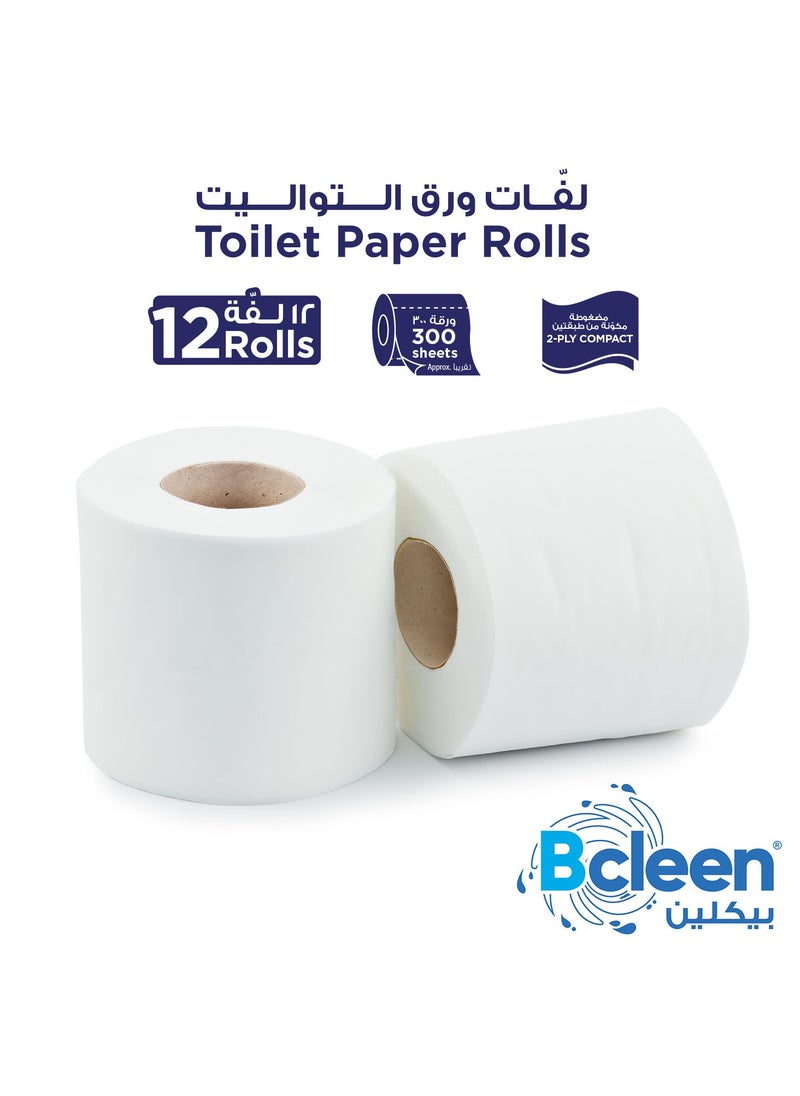 Bcleen - Toilet Tissue Paper Rolls  2 Ply 300 Sheets Pack of 12 - Image 1