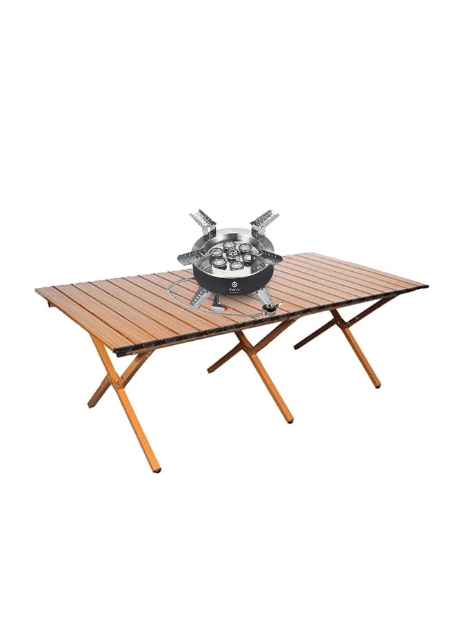 Toby's Toby’s Titanium Alloy Portable Camping Stove with Foldable Wooden Table, Windproof Gas Burner, Piezo Ignition, Perfect for Outdoor Hiking, Backpacking, and Picnic Adventures - Image 1