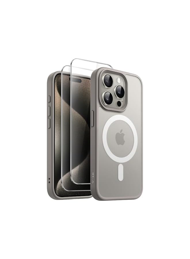 جي تيك حافظة مغناطيسية 3 في 1 من JETech لهاتف iPhone 15 Pro Max مقاس 6.7 بوصة مع عبوتين من واقيات الشاشة من الزجاج المقوى، متوافقة مع MagSafe، غطاء هاتف خلفي شفاف غير لامع مقاوم للصدمات (تيتانيوم طبيعي) - Image 1