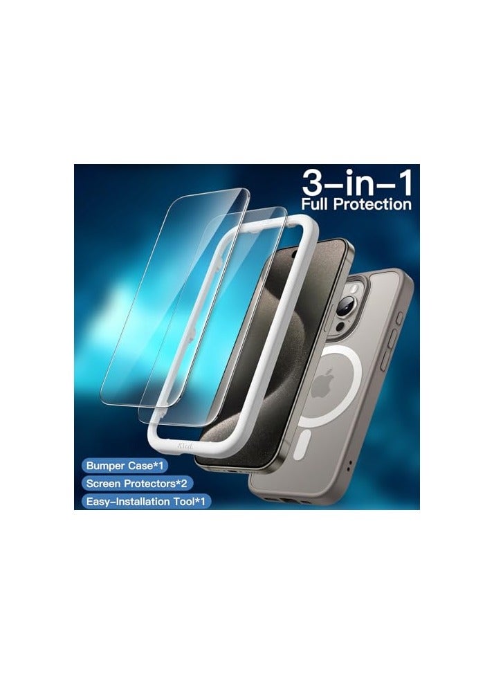 جي تيك حافظة مغناطيسية 3 في 1 من JETech لهاتف iPhone 15 Pro Max مقاس 6.7 بوصة مع عبوتين من واقيات الشاشة من الزجاج المقوى، متوافقة مع MagSafe، غطاء هاتف خلفي شفاف غير لامع مقاوم للصدمات (تيتانيوم طبيعي) - Image 4