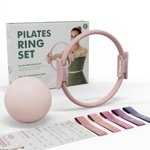 PAETA Pilates Ring Set – 14” Magic Circle (38 lbs Resistance), 9.8” Pilates Ball, 5 Resistance Bands, and Exercise Guide Included for Home Workouts(Pink) - Image 1