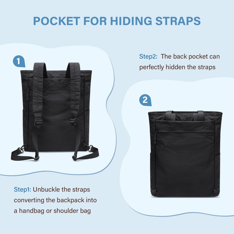GOLF SUPAGS Foldaway Convertible Tote Backpack Lightweight Nylon Daypack Women Men City Pack Versatile Backpack Leisure, Black - Image 2