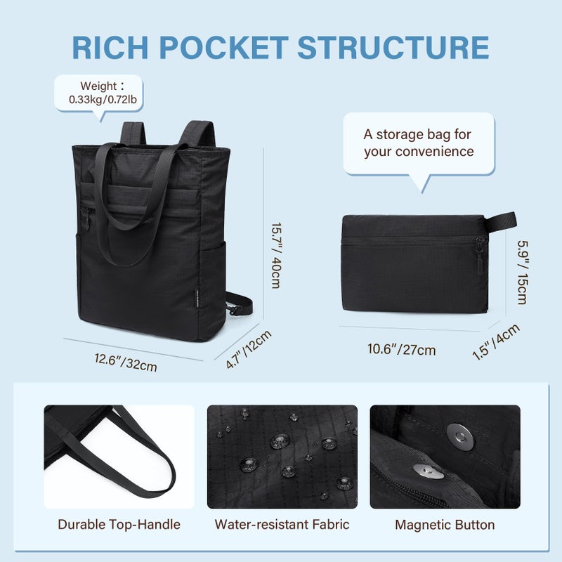 GOLF SUPAGS Foldaway Convertible Tote Backpack Lightweight Nylon Daypack Women Men City Pack Versatile Backpack Leisure, Black - Image 5