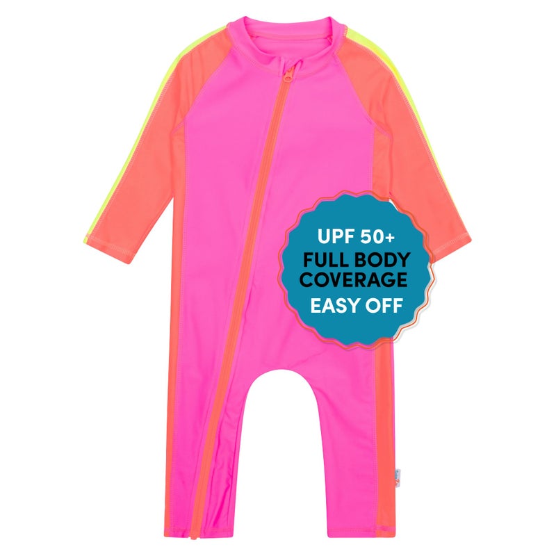 SwimZip Girls' Long-Sleeve UPF 50+ Swimsuit for Baby, Toddler, & Little Girls Neon Pink/Orange - Image 1