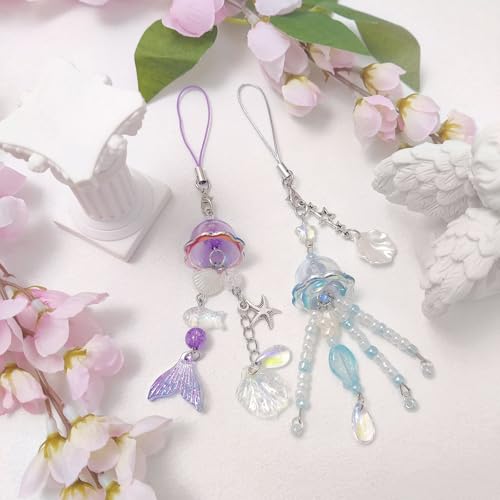 cioatu 1-4PCS Cute Phone Charms Aesthetic Y2K Cell Phone Charms Strap Strawberry Butterfly Star PhoneCharm Y2K Accessories for Bag Keychain Airpods Camera Pendants Decor (Blue & Purple Jellyfish) - Image 2