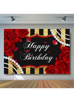 Avezano Red Rose Birthday Backdrop For Girls Woman Party Decorations Red Roses Floral Pearl Black And Gold Stripes Happy Birthday Party Banner Photoshoot Photography Background Party Supplies (7X5Ft)  - Image 4