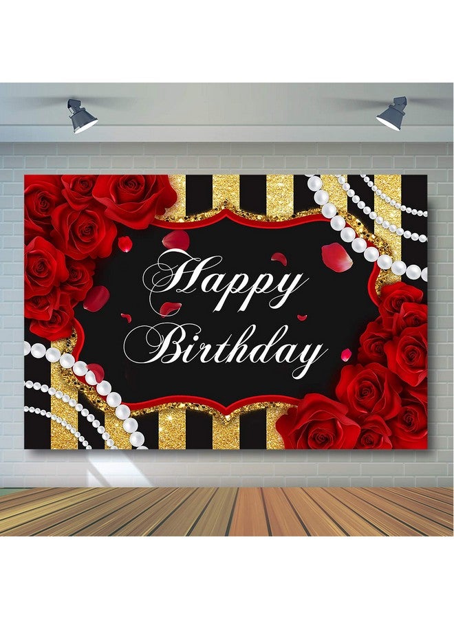 Avezano Red Rose Birthday Backdrop For Girls Woman Party Decorations Red Roses Floral Pearl Black And Gold Stripes Happy Birthday Party Banner Photoshoot Photography Background Party Supplies (7X5Ft) - Image 4