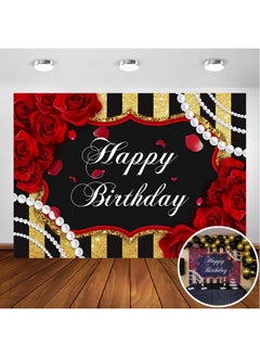 Avezano Red Rose Birthday Backdrop For Girls Woman Party Decorations Red Roses Floral Pearl Black And Gold Stripes Happy Birthday Party Banner Photoshoot Photography Background Party Supplies (7X5Ft)  - Image 2