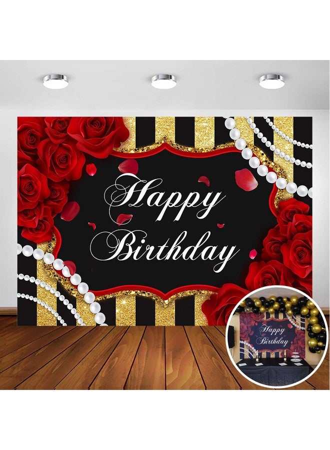 Avezano Red Rose Birthday Backdrop For Girls Woman Party Decorations Red Roses Floral Pearl Black And Gold Stripes Happy Birthday Party Banner Photoshoot Photography Background Party Supplies (7X5Ft) - Image 2