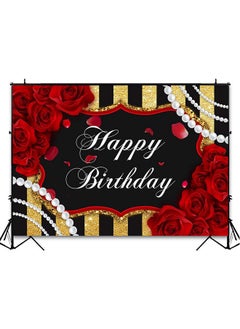 Avezano Red Rose Birthday Backdrop For Girls Woman Party Decorations Red Roses Floral Pearl Black And Gold Stripes Happy Birthday Party Banner Photoshoot Photography Background Party Supplies (7X5Ft)  - Image 5