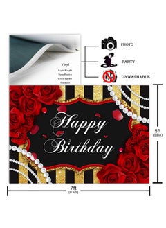 Avezano Red Rose Birthday Backdrop For Girls Woman Party Decorations Red Roses Floral Pearl Black And Gold Stripes Happy Birthday Party Banner Photoshoot Photography Background Party Supplies (7X5Ft)  - Image 3