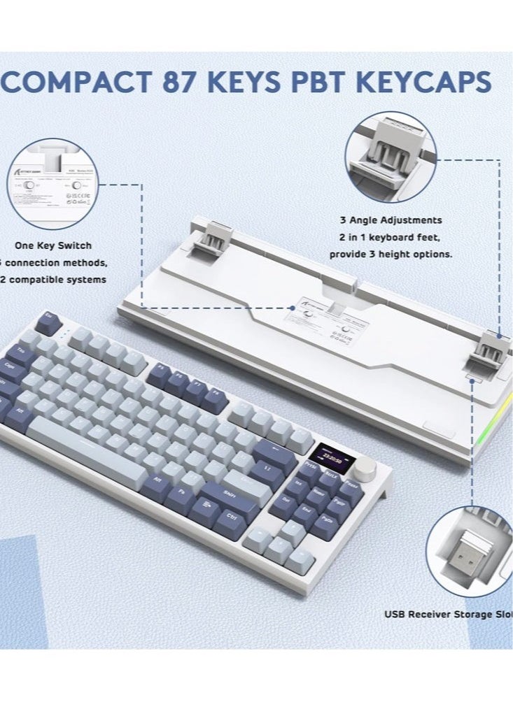 هجوم القرش - لوحة مفاتيح ميكانيكية لاسلكية K86 RGB، وضع ثلاثي، بلوتوث 5.0/2.4G/USB-C، 87 مفتاحًا، لوحة مفاتيح ألعاب قابلة للتبديل السريع، بطارية 4000 مللي أمبير/ساعة، شاشة OLED عالية الدقة 1.2 بوصة، زر دوار للتحكم في مستوى الصوت للألعاب والعمل - Image 1