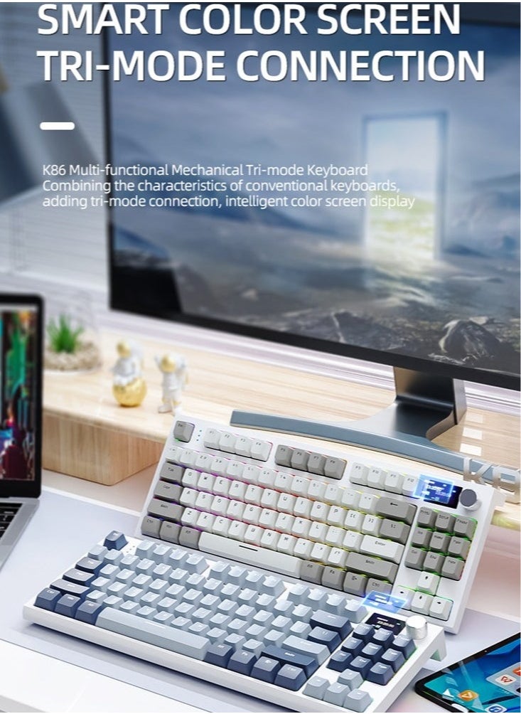 هجوم القرش - لوحة مفاتيح ميكانيكية لاسلكية K86 RGB، وضع ثلاثي، بلوتوث 5.0/2.4G/USB-C، 87 مفتاحًا، لوحة مفاتيح ألعاب قابلة للتبديل السريع، بطارية 4000 مللي أمبير/ساعة، شاشة OLED عالية الدقة 1.2 بوصة، زر دوار للتحكم في مستوى الصوت للألعاب والعمل - Image 1