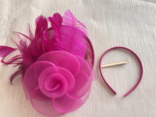 SAFERIN Fascinators for Women Tea Garden Party Fascinator Sinamay Cocktail Wedding Fancy Dress Feather Hair Clip for Lady（TA4-Fuchsia - Image 5