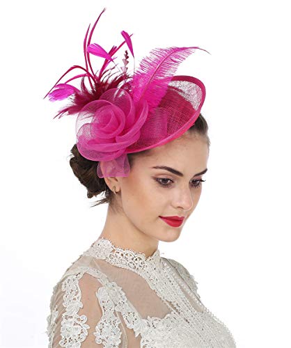 SAFERIN Fascinators for Women Tea Garden Party Fascinator Sinamay Cocktail Wedding Fancy Dress Feather Hair Clip for Lady（TA4-Fuchsia - Image 4
