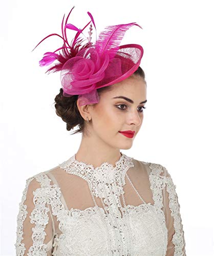 SAFERIN Fascinators for Women Tea Garden Party Fascinator Sinamay Cocktail Wedding Fancy Dress Feather Hair Clip for Lady（TA4-Fuchsia - Image 3