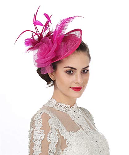 SAFERIN Fascinators for Women Tea Garden Party Fascinator Sinamay Cocktail Wedding Fancy Dress Feather Hair Clip for Lady（TA4-Fuchsia - Image 1