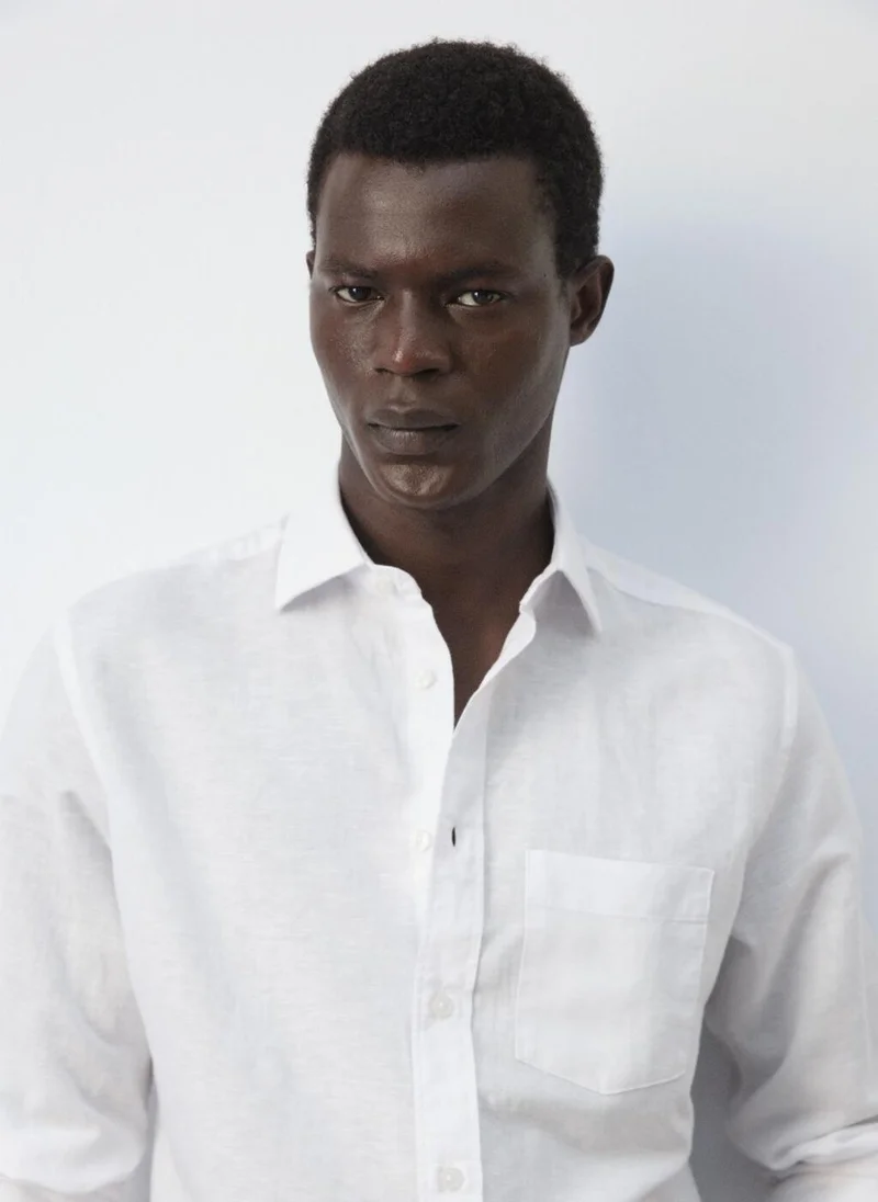 Mango Man 01-BLANCO Linen Cotton Shirt With Pocket for Men | Best Price UAE