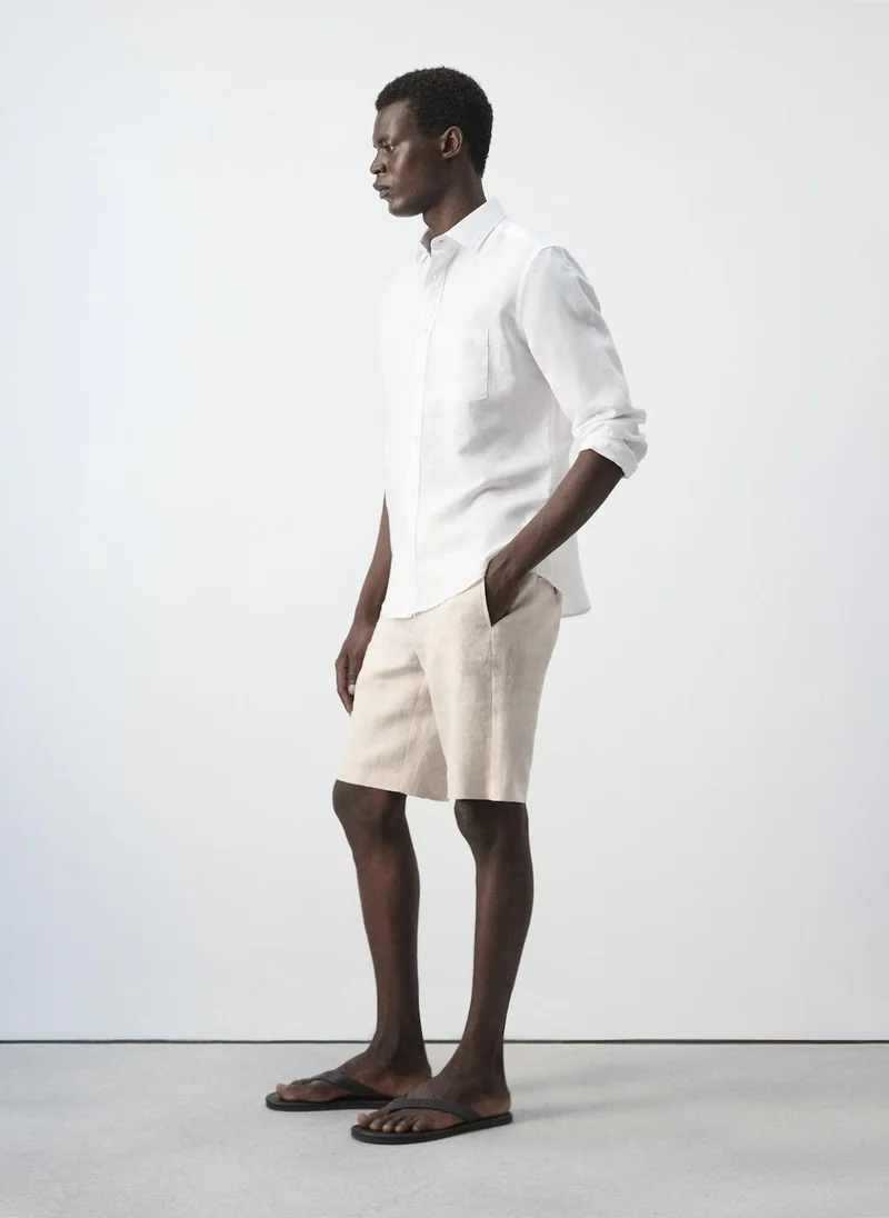 Mango Man 01-BLANCO Linen Cotton Shirt With Pocket for Men | Best Price UAE