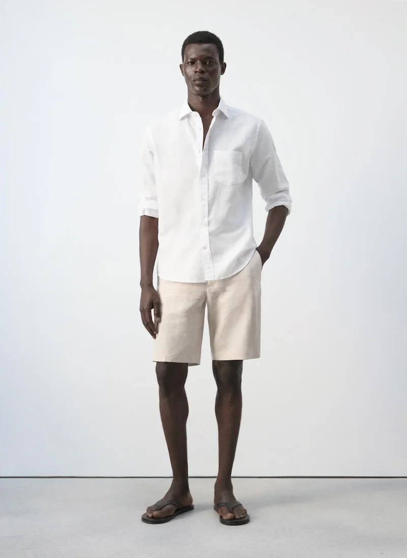 Mango Man 01-BLANCO Linen Cotton Shirt With Pocket for Men | Best Price UAE
