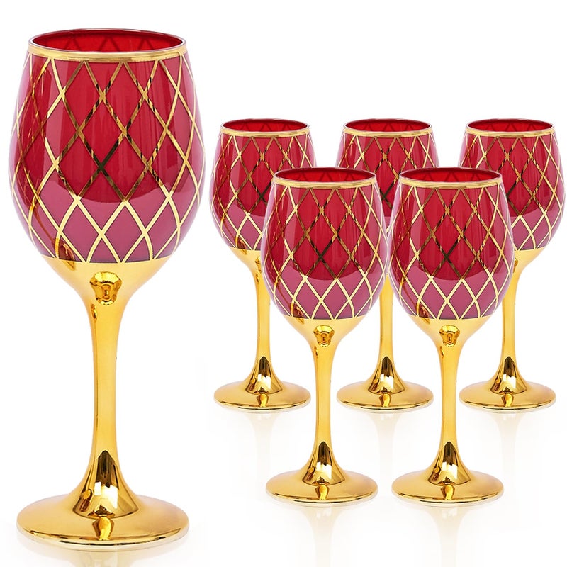 CretFine Red and Gold Wine Glasses Set of 6, Colored Stemmed and Rimmed Decorative Fancy Drinking Glass, for Gifts, Wedding, Thanksgiving, Birthday, Christmas Goblets Glassware Drinkware, 12oz - Image 1