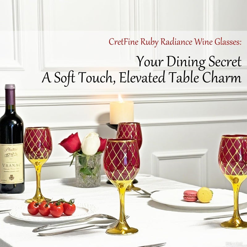 CretFine Red and Gold Wine Glasses Set of 6, Colored Stemmed and Rimmed Decorative Fancy Drinking Glass, for Gifts, Wedding, Thanksgiving, Birthday, Christmas Goblets Glassware Drinkware, 12oz - Image 2