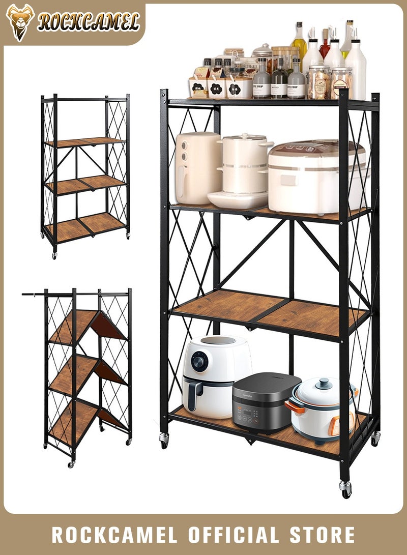 ROCKCAMEL 4-Tier Foldable Storage Rack, Movable Solid Wood Kitchen Storage Shelves, Large Capacity Metal Shelving Units, No Assembly Storage Rack for Kitchen, Living Room,Basement,Bathroom - Image 1