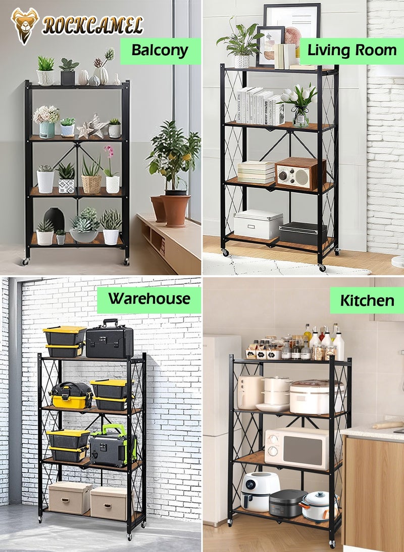 ROCKCAMEL 4-Tier Foldable Storage Rack, Movable Solid Wood Kitchen Storage Shelves, Large Capacity Metal Shelving Units, No Assembly Storage Rack for Kitchen, Living Room,Basement,Bathroom - Image 2