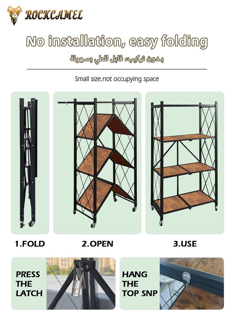 ROCKCAMEL 4-Tier Foldable Storage Rack, Movable Solid Wood Kitchen Storage Shelves, Large Capacity Metal Shelving Units, No Assembly Storage Rack for Kitchen, Living Room,Basement,Bathroom - Image 3
